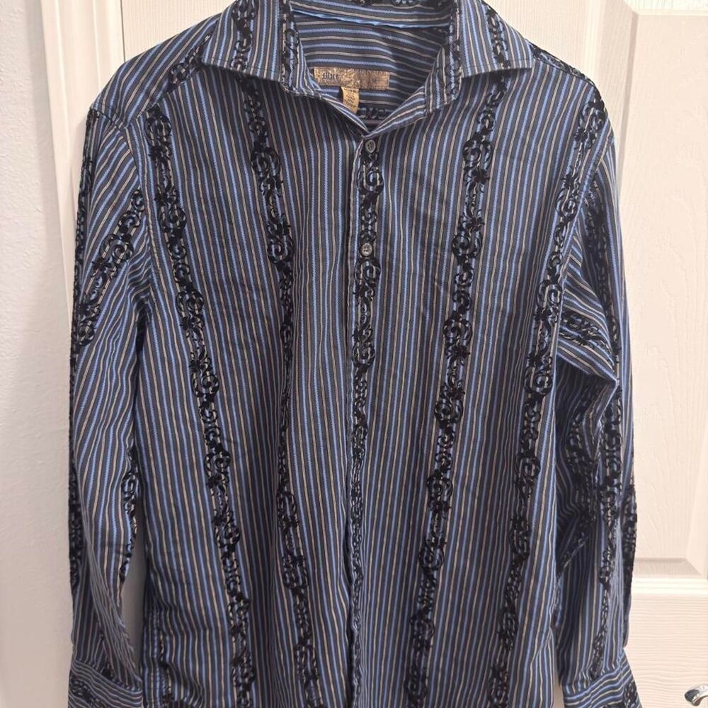 (2004-2008) Blue Velvet Flocked Pinstripe Western Shirt - Navy - M